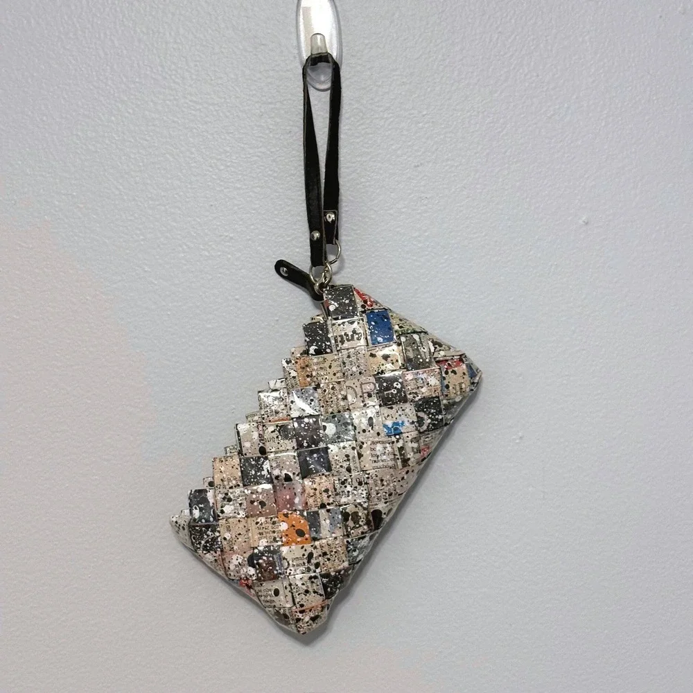 Nahui Ollin Recycled Paper Woven Wristlet Clutch Newspaper Paint Splatter Print